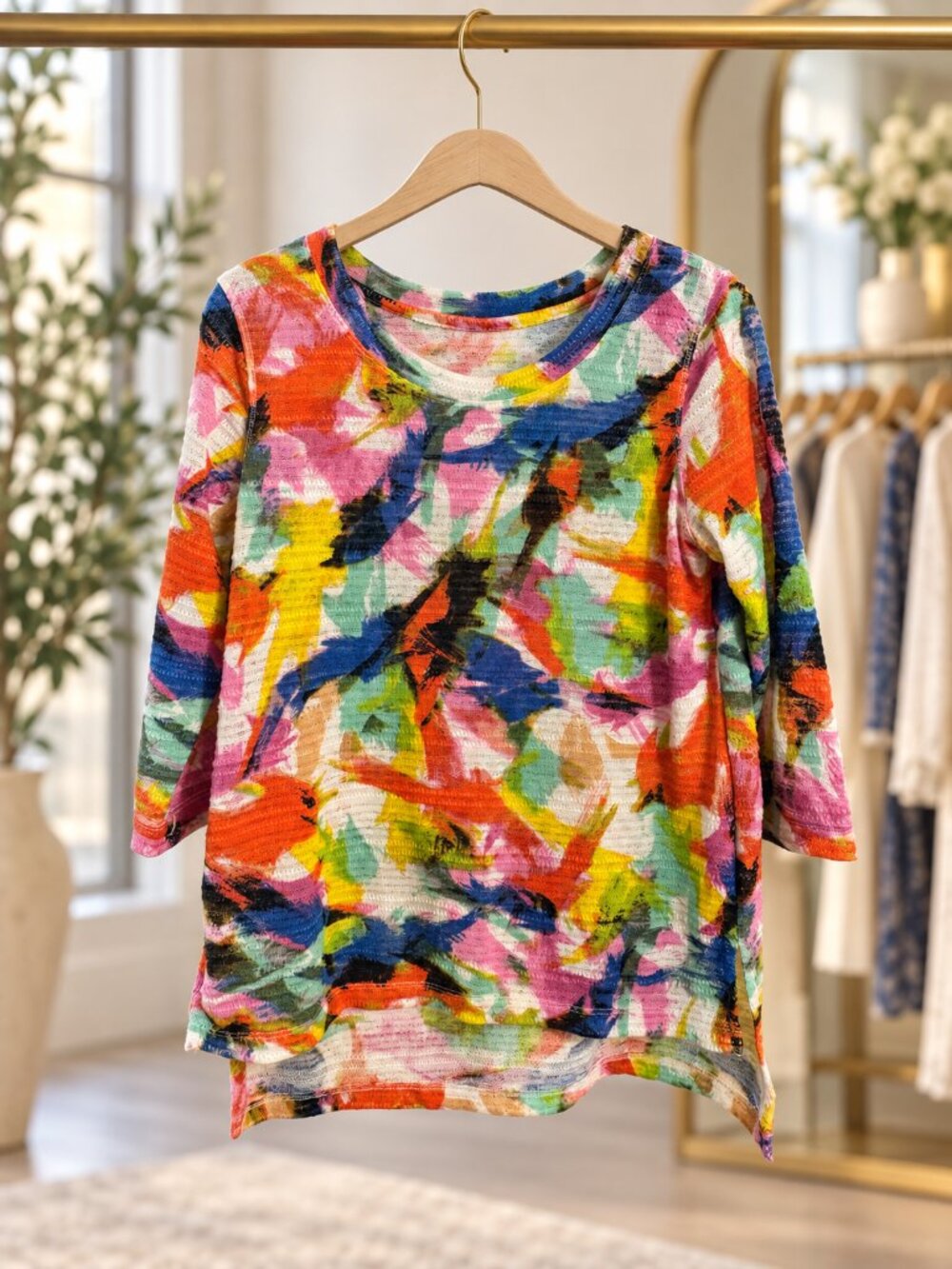 Onque Casual Multicolor Abstract Brushstroke Tunic Top Size S 3/4 Sleeve